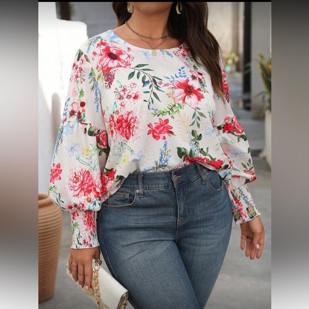 SHEIN Vibrant Floral Print Long Lantern Sleeve Blouse Plus Size 2X